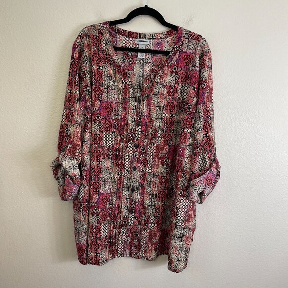 Catherines Womens Plus 3X Button Front Tunic Top Blouse Roll Tab Sleeve Shirt - Picture 6 of 10